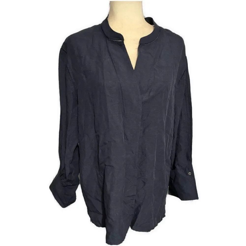 kobi halperin Solid navy Blue marni long sleeve button down Linen Top Large